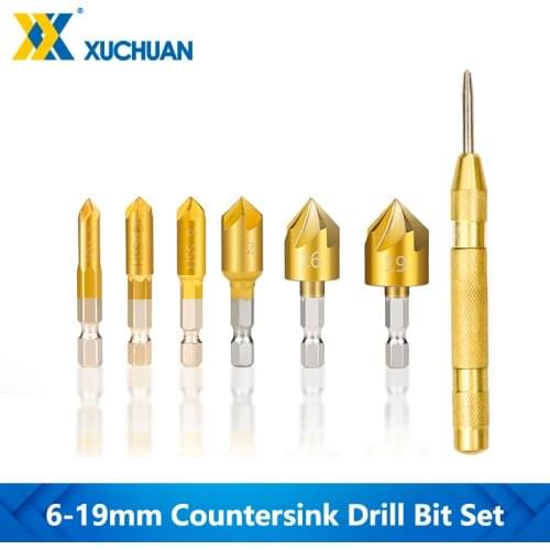 Countersink Drill Bit Hex Shank TiN Coating 90 Degrees Chamfer Cutter With Center Punch For Woodworking Tool 5 Flute Hole Drill