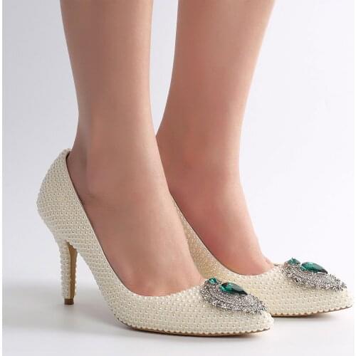 Pumps Shoes For Brides Autumn New Pearl Emerald Diamond Pointed Toe Fashion Single Shoes Bridesmaid Shoes Handmade Wedding Shoes
