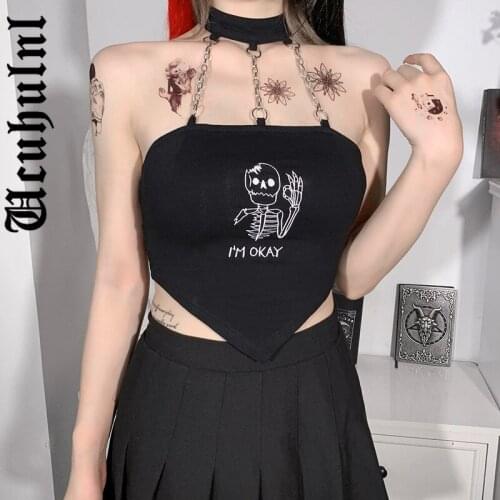 Ucuhulnl Emo Alt Gothic Camis Women Harajuku Punk Mall Goth Funny Embroidered Halter Crop Tank Top Y2k Streetwear Dark Black