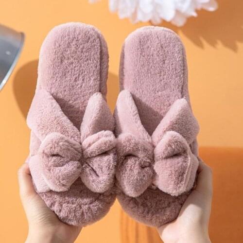 Womens Fur Slides Winter Indoor Home Cotton Shoes Woman Rabbit Fur Open Toed Wooden Floor Warmth Plush Soft-soled Slippers