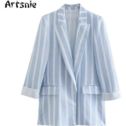 Artsnie Streetwear Blue Striped Blazer Women Autumn Notched Long Sleeve Jackets Oversized Pockets Ladies Blazers Coats Femme