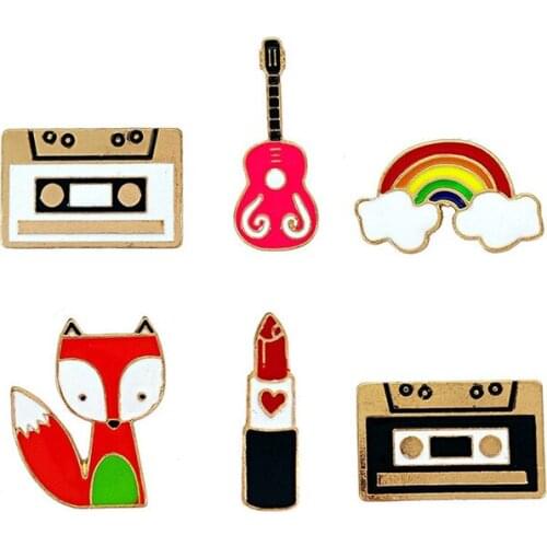 1pc Memories of childhood nostalgia tape rainbow guitar fox drip lipstick metal collar pin badge enamel brooch corsage