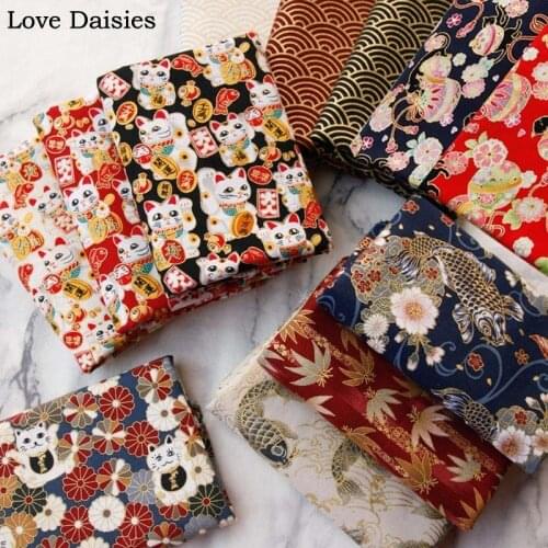 Japanese Style 2020 Carp Lucky Cat Daisy Wave Kimono Fuji 100% Cotton bronzed fabric for DIY Apparel Craft Quilt Handwork Decor