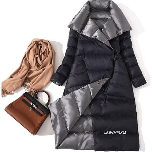 2021 Women Double Sided Down Long Jacket Winter Turtleneck White Duck Down Coat Double Breasted Warm Parkas Snow Outwear