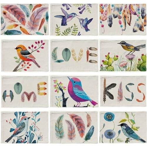 42x32cm The Painting Bird Flower Placemats Cotton Linen Feather Dreamcatcher Printed Square Pattern Decorative Table Mats