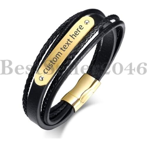 BONISKISS New Fashion Free Customize Bracelets For Men Rope Chain Punk Stainless Steel Jewelry Man Leather Strap Bangle Bijoux