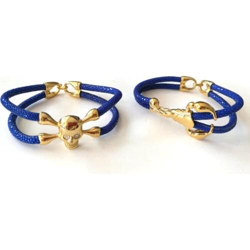 Beichong Punk Style 5mm Blue Stingray Bracelet Genuine Leather Bracelet Gold Stainless Steel Skull Bracelet for Women Men Gift