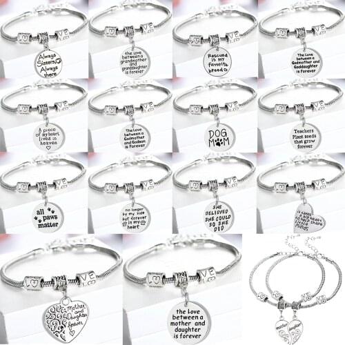 Bracelet Heart Circle Pendant Mother Daughter Grandson Sisters Family Love Nana Charm Bangle Birthfay Party Christmas Gifts BFF
