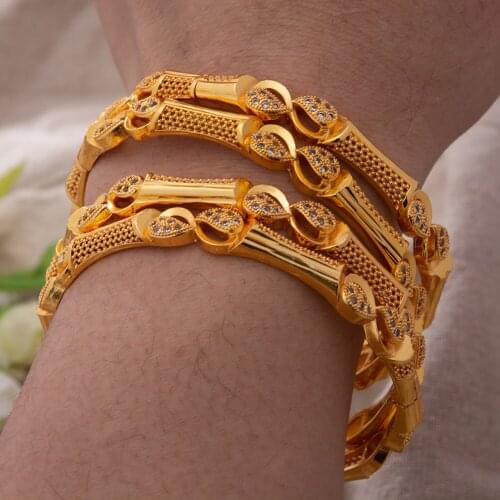 24K 4Pcs/lot Dubai Ethiopian Gold Color White stone Bangles For Women Wife Wedding Jewelry Bangles&Bracelet Bijoux Gifts