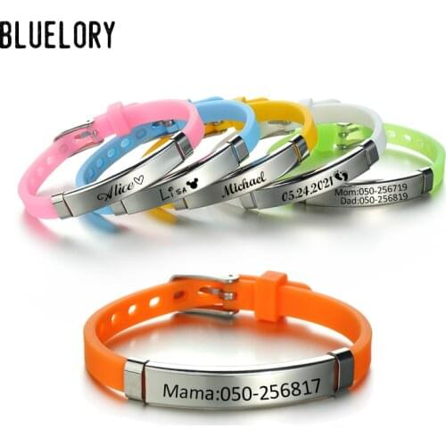 Bluelory Personalize Kids Baby ID Bracelets Soft Silicone Rudder Stainless Steel Child Girls Boys Custom Emergency Name Phone