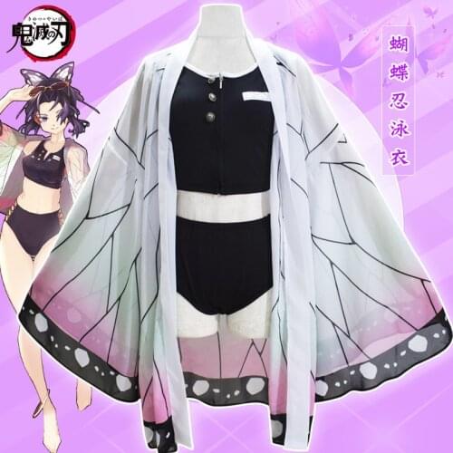 Demon Slayer Kochou Shinobu Bikini Swimsuit Kimono Cardigan Cover Up Anime Summer Bathing Suit