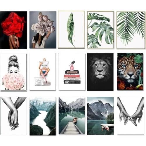 Girl Fashion Hanging Pictures Decoration Poster Animal Leopard Tiger Green Leaves Canvas Painting Modern Living Room Decor Art