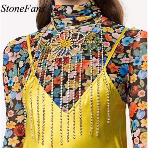 Stonefans Trendy Women Necklaces 2021 Rhinestone Choker Necklace Tassel Flower Crystal Chain Necklace Vintage on Neck Jewellry