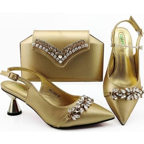 Fashion african shoes and bags matching set with crystal italian shoes with matching bags 7CM gold shoes for party QSL022