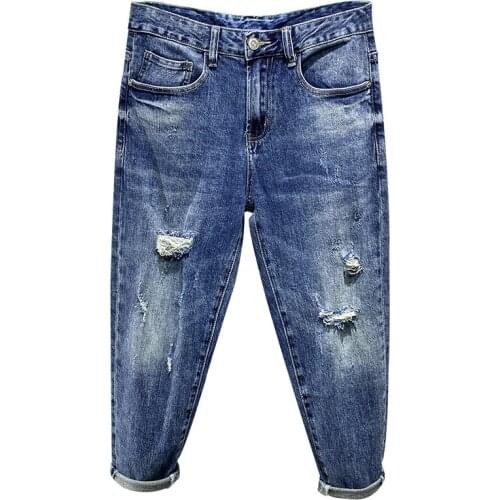 Mens Ripped Jeans Blue Stretch Distressed Broken Hole Streetwear Cropped Pants Denim Jeans Baggy Leg Ankle-Length Pants Hombre