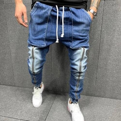 Men Gray Skinny Jeans Fashion Slim Drawstring Mid Waist Hip Hop Jeans Man Causal Big Pocket Sport Denim Pencil Pants Streetwear