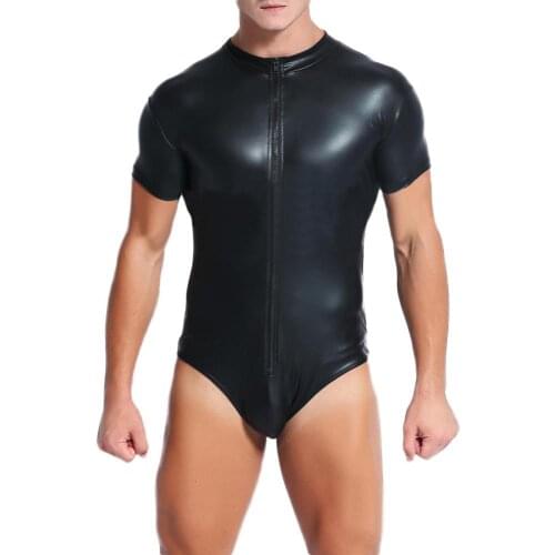 Night Club Sexy Men Short Sleeve Faux Leather Zipper Bodysuit Slim Fits Jumpsuit lenceria sensual mujer