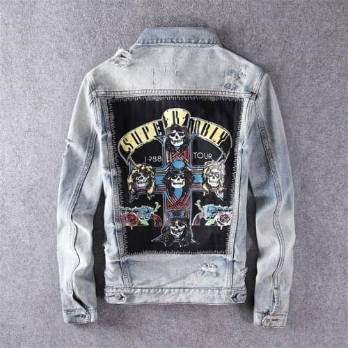 New Skull Print Denim Jacket Fashion Casual Loose Badge Printed Denim Jacket Coat Autumn And Winter Plus Size L XL XXL XXXL