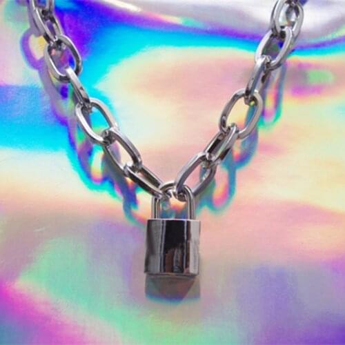 Men Women Unisex Handmade Chain Choker Metal Necklace Square Lock Lockable Collar Heavy Duty Choker Necklace