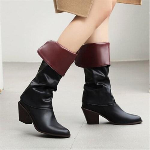 PXELENA Retro 2020 Autumn New Pleated Women Mid Calf Boots Chunky Med Heels Slip On Office Lady Shoes Plus Size 34-43 Red Brown