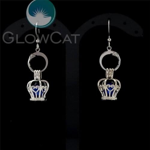 R-KE32 Silver Crown Long Earrings Beads Pearl Cage Locket Perfume Aroma Statement Dangle Earring for Women Girl Drop Jewelry