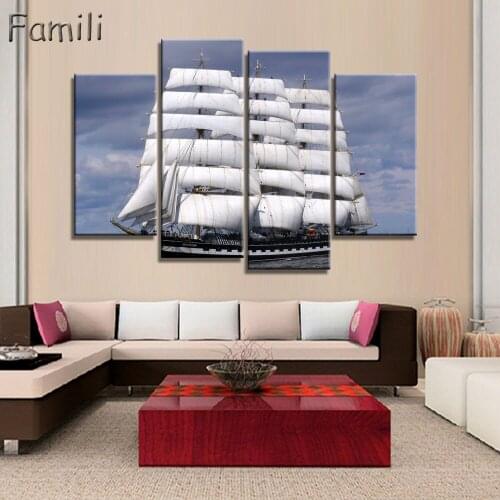 Retro sea sailboat 4Pcs/set Landscape for living room Decoration sailing boat Canvas Painting on wall pictures home decor unfram