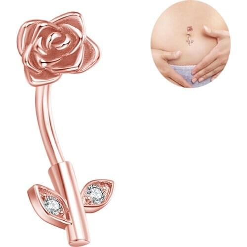 Starose 1Pc Rose Gold Color Crystal Flower Belly Piercing Ombligo Zircon Belly Button Rings Navel Ring Leaf Earring Body Jewelry