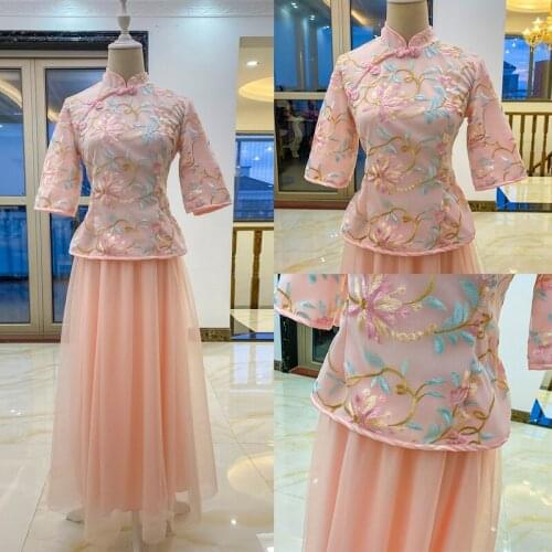 Vintage Fashion Two-Piece Set Embroidery Flower Diagonal Three Quarter Sleeve High Neck A-Line Holiday Cocktail Dresses 9358