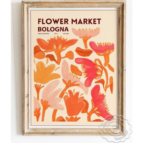 Flower Market Collection Exhibition Poster, Bologna Red Colour Floral Canvas Painting, Abstract Watercolour Wall Art Home Decor
