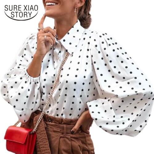Women Blouse Autumn Polka Dot Shirt 4XL Celmia Long Lantern Sleeve Lapel Neck Elegant Office Ladies Stylish Tops Plus Size 12372
