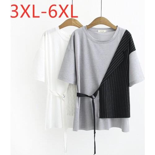 New 2021 summer plus size tops for women large loose short sleeve cotton patchwork stripe O neck T-shirt black 3XL 4XL 5XL 6XL