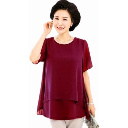 Middle Age Women Summer Tops Big Size Mother Clothes Plus Large Size 5 xl 6 xl 7xl Female Navy Fake Two Piece Chiffon Blouse