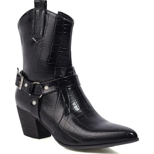 Stone Pattern Triangle Belt Buckle Rivet Mid-Calf Boots V-Shaped Mouth Pointed Thick Heel PU Womens Boots Microfiber Shoes