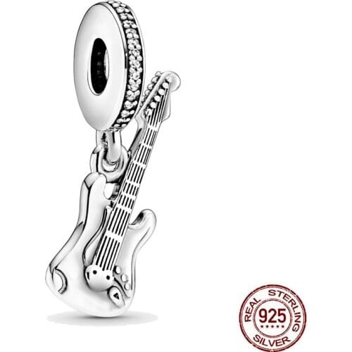 Hot Sale 925 Sterling Silver Electric Guitar Dangle Charm Beads Fit Original Pandora Bracelet S925 Silver Jewelry Gift