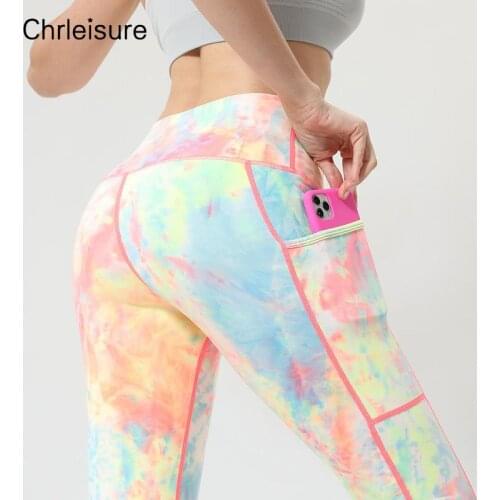 CHRLEISURE Women High Waist Sports Leggings Fitness Pocket Tie-dye Push Up Printed Workout Gym Leggings Breathable Sexy Jogger