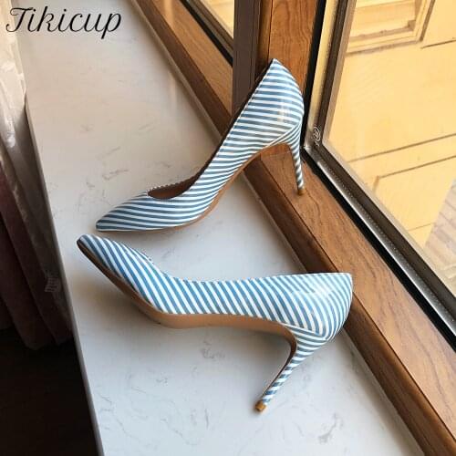 Tikicup Blue Striped Print Women Pointy Toe High Heel Fashion Dress Shoes Chic Ladies Comfortable Slip On Stiletto Pumps