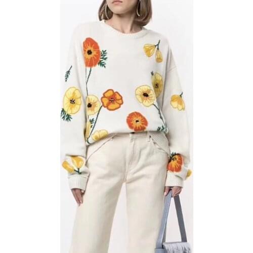 Autumn Winter Womens Sweater Loose Embroidery Flower Pattern Round Neck Long Sleeve Pullover