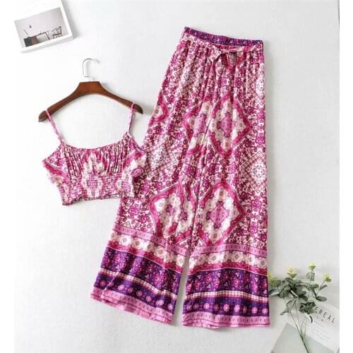 Floral Print Vintage 2 Piece Set sleevless Short Tops Elastic Maxi Pant Summer Beach Boho Casual 2021 Women Sets