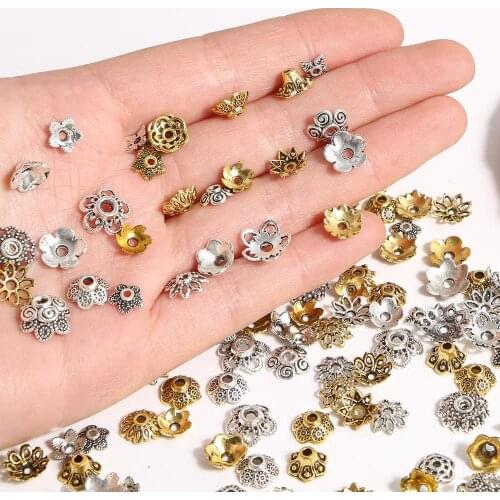 50pcs/lot 6-14mm Antique Gold Silver Color Tibetan Metal Flower Metal Loose Spacer Beads Caps For DIY Jewelry Making Findings