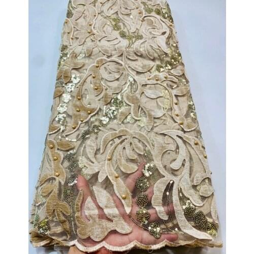 African velvet Lace Fabric 2021 High Quality Lace, Embroidery velvet Lace Fabric, African Lace sequins 5 Yards ELL3817 GOLD