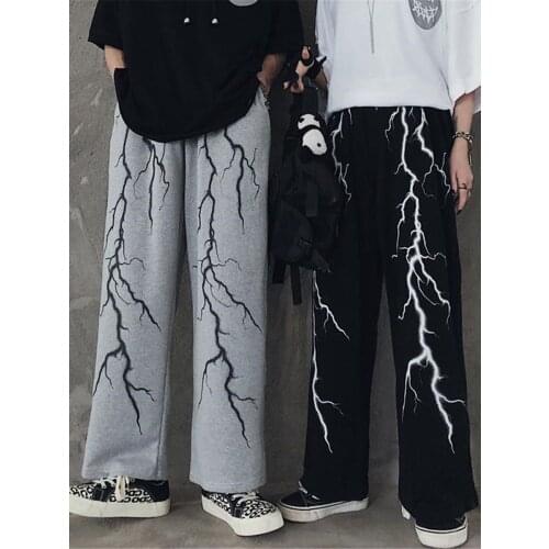 Black Lightning Pants Streetwear Women High Street Jogger Trousers Hip Hop Rock Pants Spring Summer Cartoon Cargo Pants Females