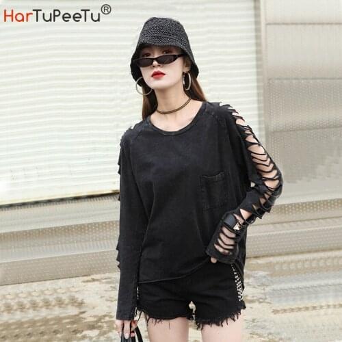 Black T Shirt Women Oversized Autumn 2020 Punk Style Hollow Out Long Sleeve Solid Vintage Washed Cotton Tops