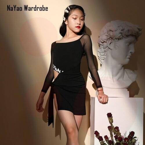 G3462 Long Sleeve Kids Latin Dance Dress Waist Hole Patchwork Design Girl Latin Dancing Cloth for Stage Ballroom Dancewear