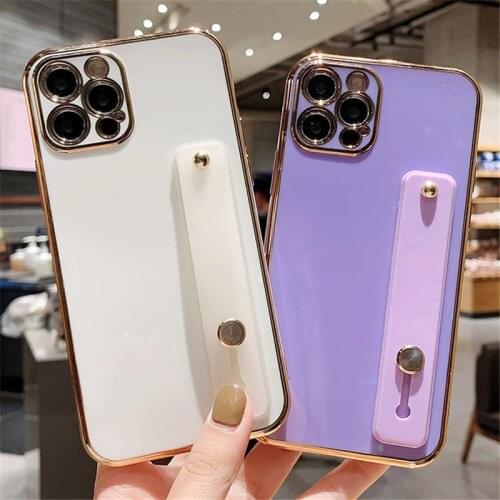 Electroplated Wrist Strap Pure color Case For iPhone 11 Pro 12 11 Pro Max XR XS Max X 7 8 Plus 12 Mini Holder Case Cover