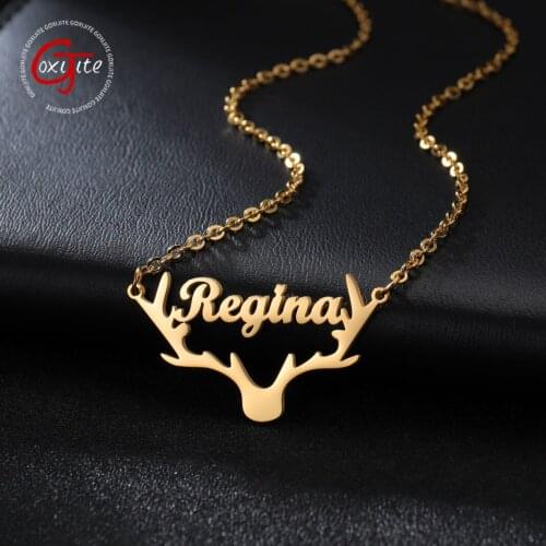 Goxijite Personalized Name Charm Necklace For Girls Stainless Steel Handmade Antler Base Nameplate Necklaces Custom Lover Gift