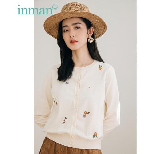 INMAN Autumn Winter Womens Cardigan Sweet Elegant Pearl Buttons Fresh Chic Embroidery Round Collar Loose Knitted Top