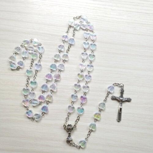 Catholic Prayer Rosary Necklace Cross Pendant Necklaces Heart Shaped Beads Chain