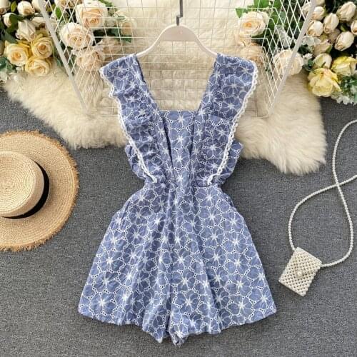Lace patchwork sling square neck jumpsuit sweet retro waist slimming hollow floral wide leg pants shorts
