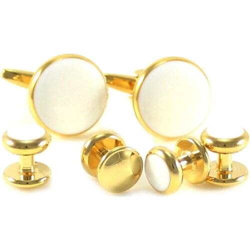Mens Classic Round White Enamel Formal Wear Shirt Cuff link And Studs Wedding Dress Cufflink And Studs Set