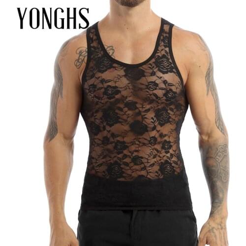 Mens Sissy See Through Tank Top Sheer Lingerie U Neck Sleeveless Stretchy Floral Lace Muscle Fitted T-Shirt Undershirt Tank Top